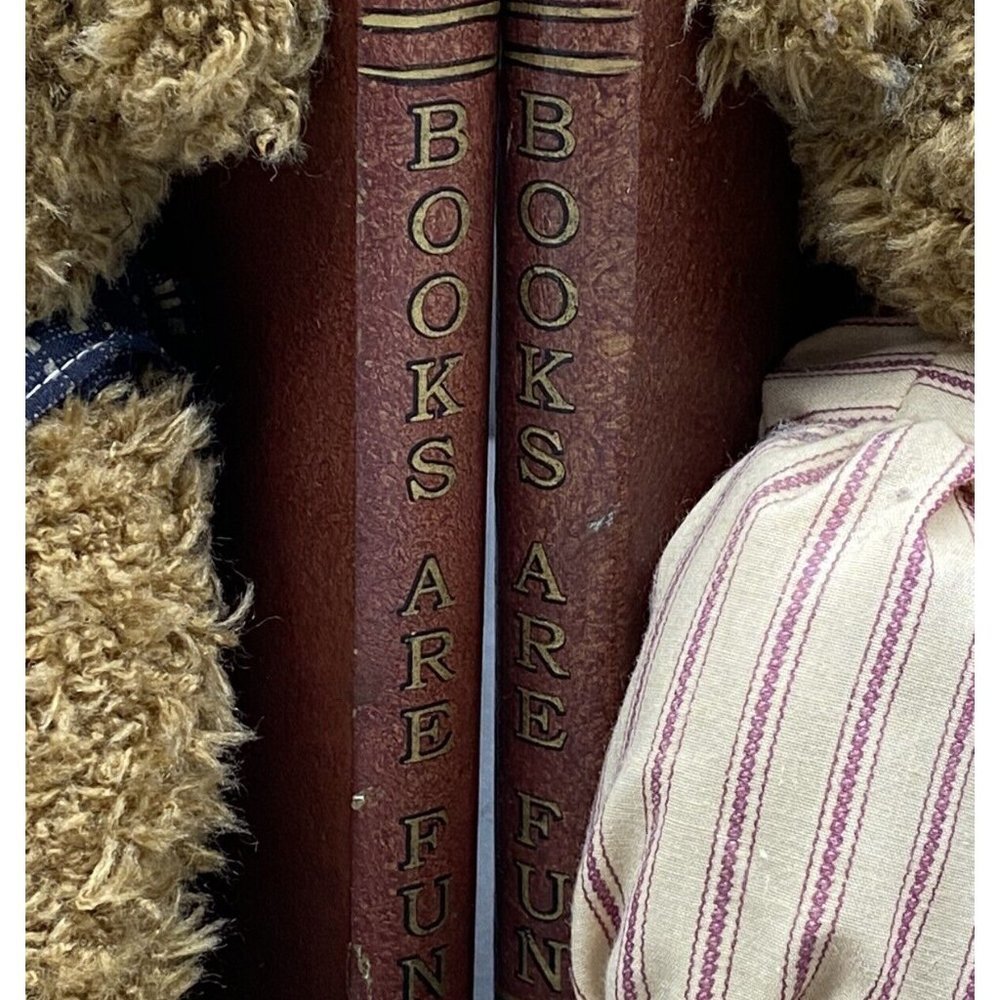VTG Y2K Teddy Bear Bookends Books Are Fun Wooden Plush Pair Children Library 90s - Picture 4 of 16